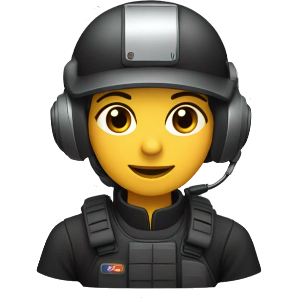 operator dressed in black with a milatary helmet, without glasses, wearing a headset, ready to respond to alerts, preferably female white emoji