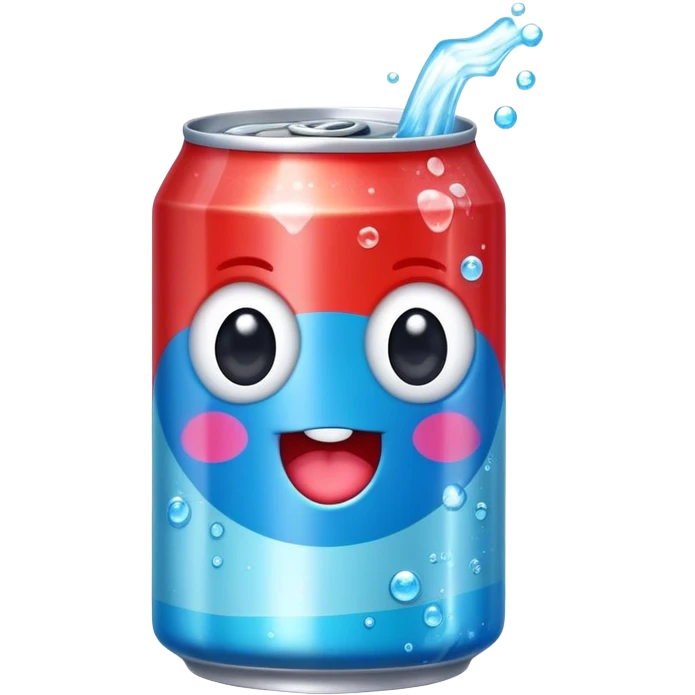 Cute Kawaii Soda Can, bubbly and vibrant, bright red and blue stripes, playful fizz popping around, a chubby happy face with wide sparkling eyes, energetic and refreshing! emoji