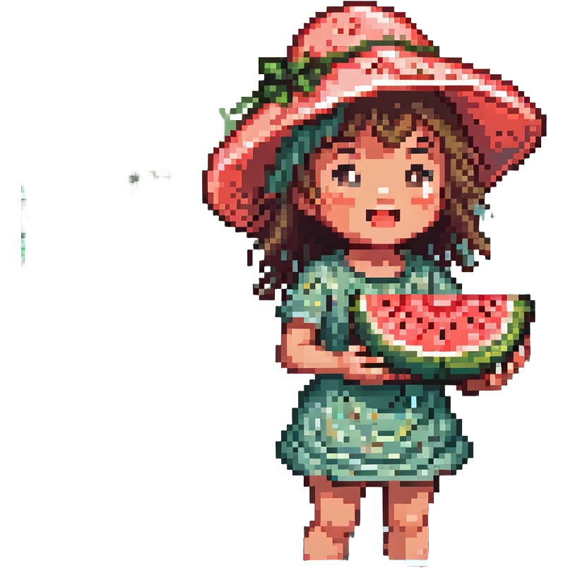 cheerful child in a big sun hat biting into a slice of watermelon by a sparkling river water splashing summer vibes pixel art style emoji