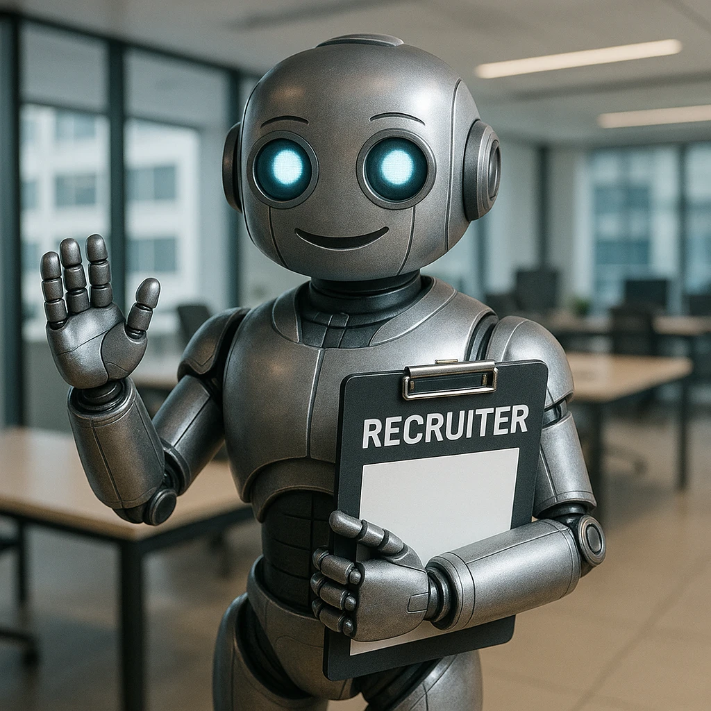 a friendly recruiter robot, professional, metallic, with a clipboard, in a modern office setting emoji
