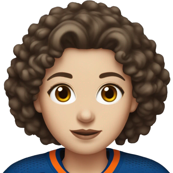 white woman with dark brown curly hair wearing an Edmonton oilers jersey emoji