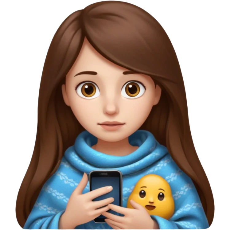 создай девушку с телефоном в руках (айфон) в стиле Emoji  iOS. 
У девушки длинные коричневые волосы, карие глаза, она сама светлая кожа, без макияжа, у неё большие глаза, нос с малекой горбмнкой и немного пухлые губы, над верхней губой родинка, сидидит укутавшись в плед emoji