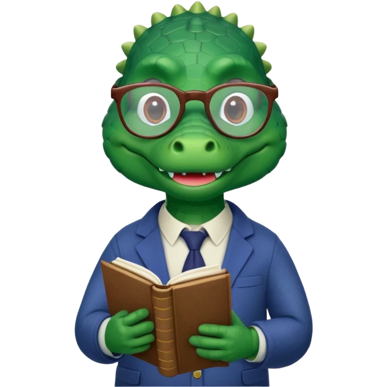 A claymation-style academic alligator. The background is a solid white circle emoji