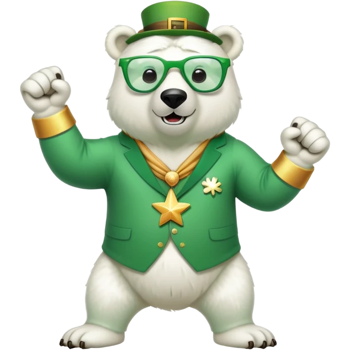 full body friendly anthropomorphised polar bear wearing oversized colorful star glasses and festive St. Patrick's Day outfit doing a fist pump emoji