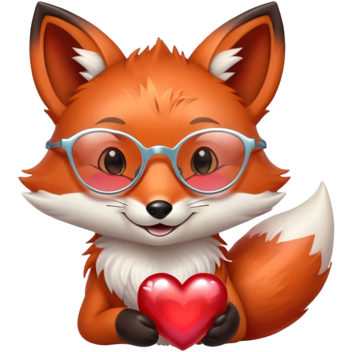 A dreamy fox with iridescent fur, a glowing tail, a silver star on its forehead, and round glasses, hugging a big red heart and smiling warmly emoji