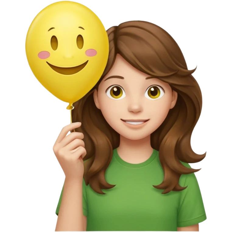 Teen girl wavy brown hair, green shirt, with smiley-face balloon emoji