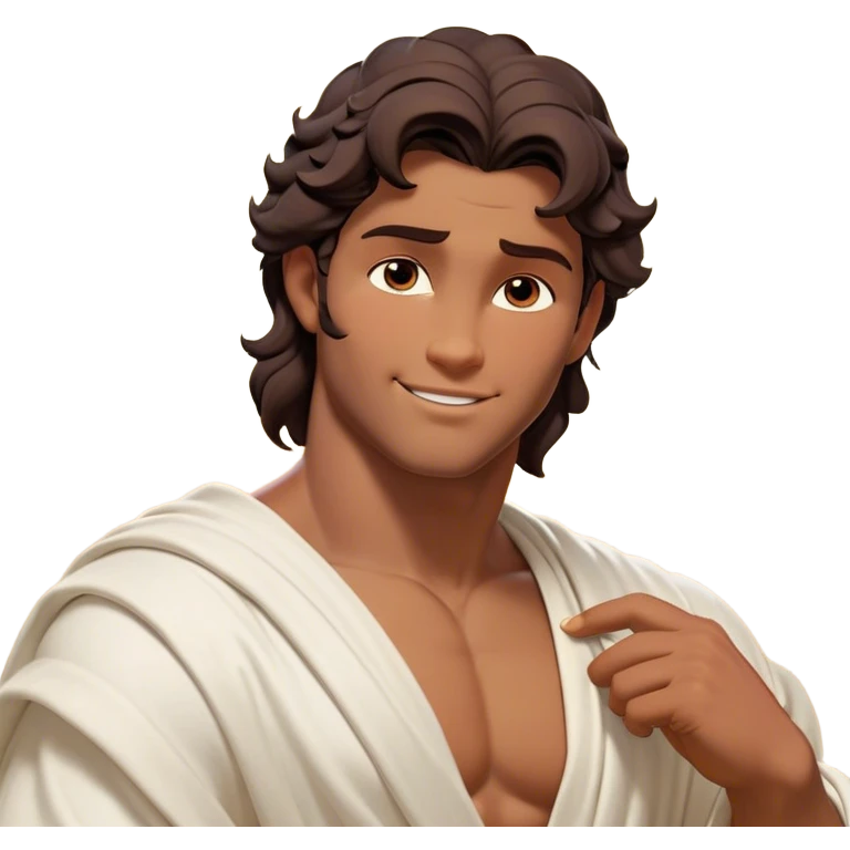Cinematic Realistic Hercules Portrait, head tilted playfully and inquisitively, showcasing a charming blend of Disney heroic charisma and the refined grace of Michelangelo's David. His sun-kissed bronze skin and thick, wavy dark hair are rendered with classical precision, complementing a warm, inviting smile and sparkling, mischievous eyes. Clad in a softly draped white robe with subtle golden details, he exudes approachable strength under gentle, natural lighting. emoji