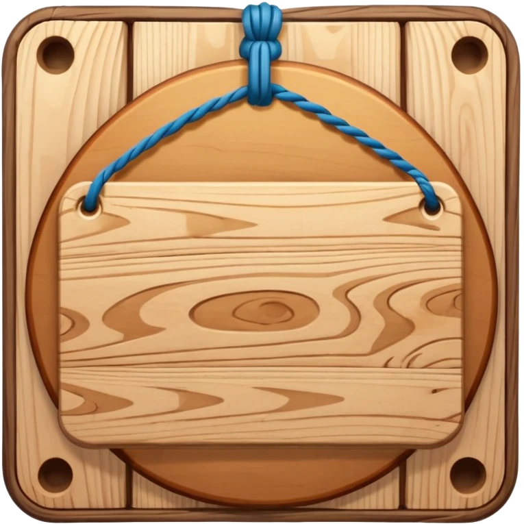 3D cartoon style wooden hanging signboard, smooth polished wood texture, rounded edges, detailed wood grain, thick twisted ropes going through holes on both sides, hanging rope knots visible emoji