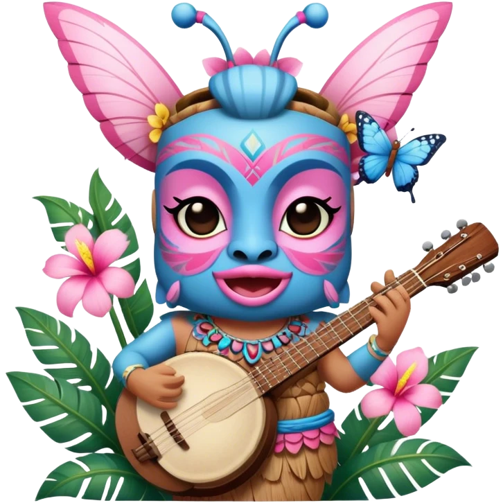 Pixar style little Blue and pink tiki singing with a butterfly, banjo, and tropical flowers, ultra detailed and lifelike imagery, realistic emoji
