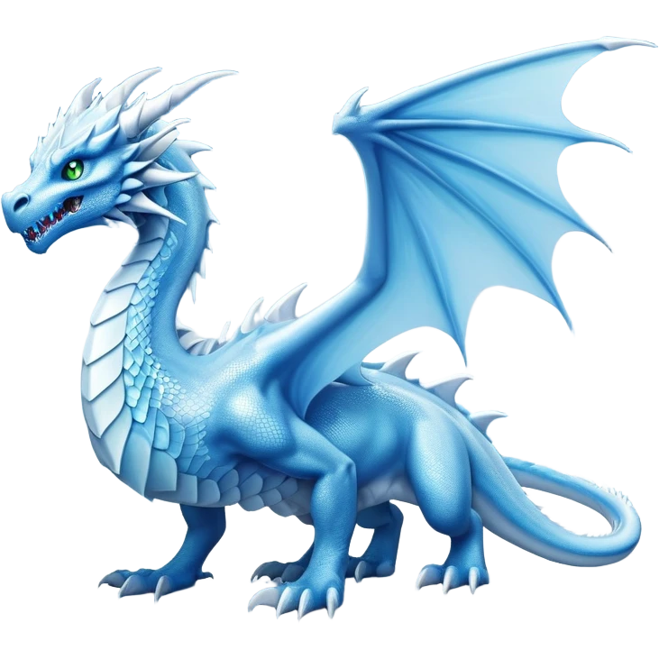 Cinematic Noble elegant Ice Dragon full body Emoji, Poised and imposing, distinct long elegant snout, with a slender, scaled body shimmering in glacial hues of icy blue, frostbitten silver, and crystalline white, breathing out frost, with piercing, glowing eyes that radiate the chilling depths of an arctic storm; rendered in detail. displaying its wings emoji