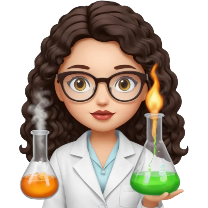 realistic bratz doll with long loose curly dark brown hair, glasses that are round cat eye vibes, in a lab coat mixing beakers that glow emoji