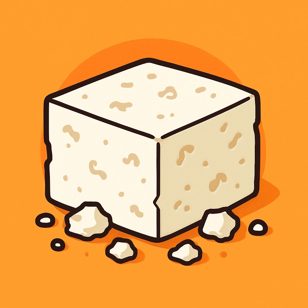 feta cheese, cartoon style, white crumbly cheese in a small block with a few crumbles, simple background emoji