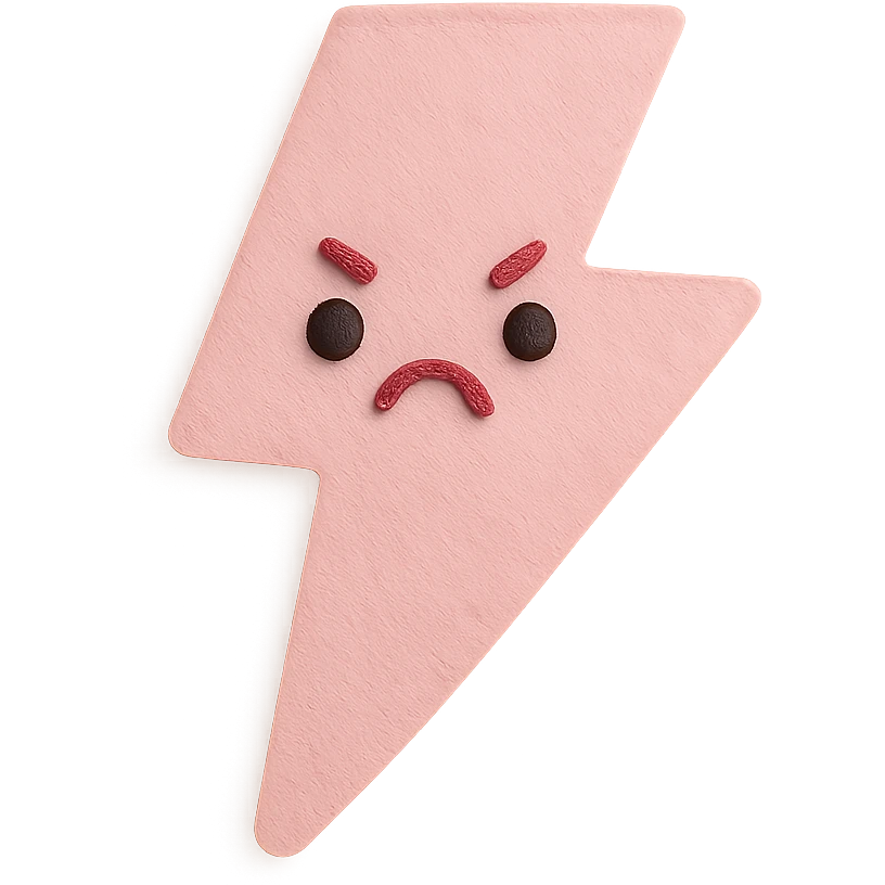 soft pastel pink lightning bolt with cute angry pout, no arms, no legs, full body, soft pastel kawaii paper craft style emoji