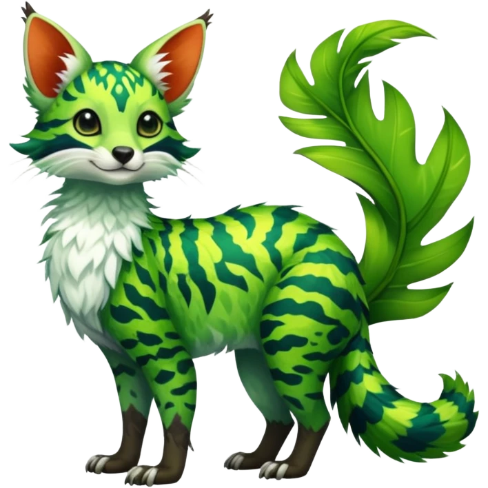 Feral Rare Fantasy vibrant tropical Vernid-Trico-species by LiLaiRa, random markings, tufted tail, tufted ears, full body emoji