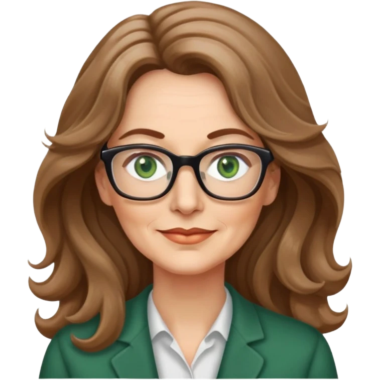 Woman 50 yrs light brown long wavy hair green eyes with glasses  emoji