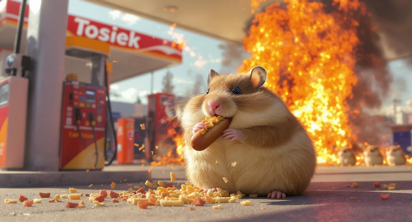 Cinematic still of A portrait of a fat hamster eating hotdog on gas station, gas station is in fire, other hamster fun away, sunny day, back light explosion , gas station named "Tosiek" emoji