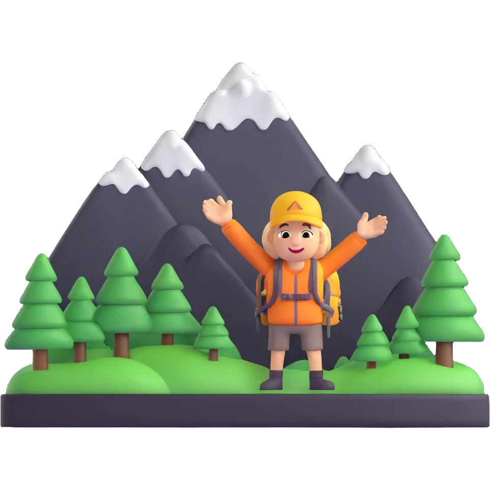 3d emoji of a hiker waving with a mountain in the background emoji
