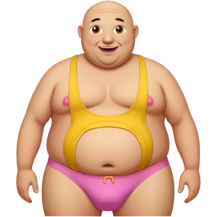Old really fat and bald. This huge belly and really round pink nipples. has big ears and 2 long beaver like big yellow brown buck teeth. he has white saggy underwear with holes and yellow pee stains in front of underwear.   emoji