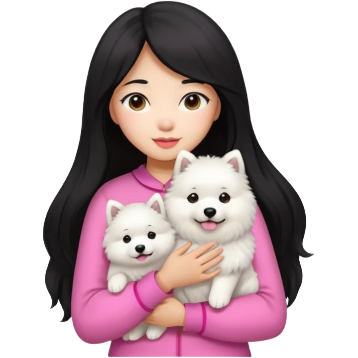 A black long hair asian pretty girl with a bright skintone and pink outfit holding a samoyed dog emoji
