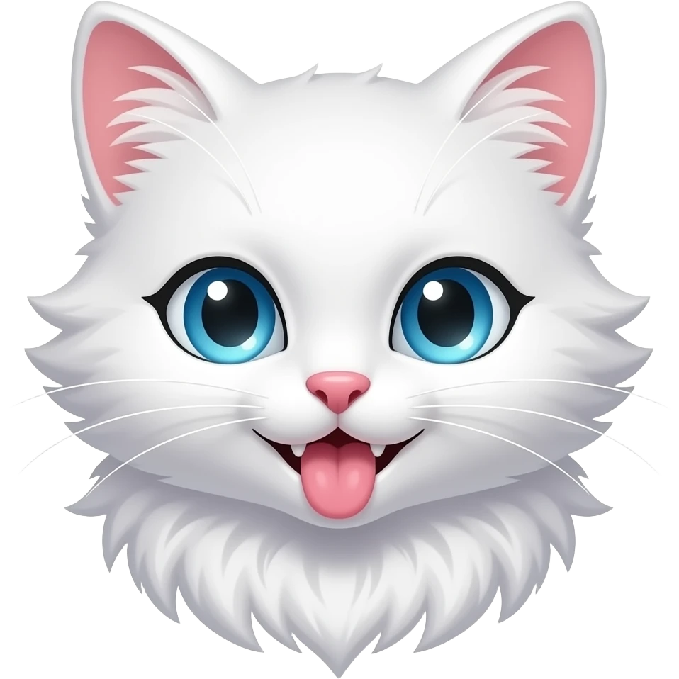 anthropomorphized sexy anime kitty head with blue eyes and long white fur, smiling with mouth slightly open, and tongue sticking out alluringly. emoji