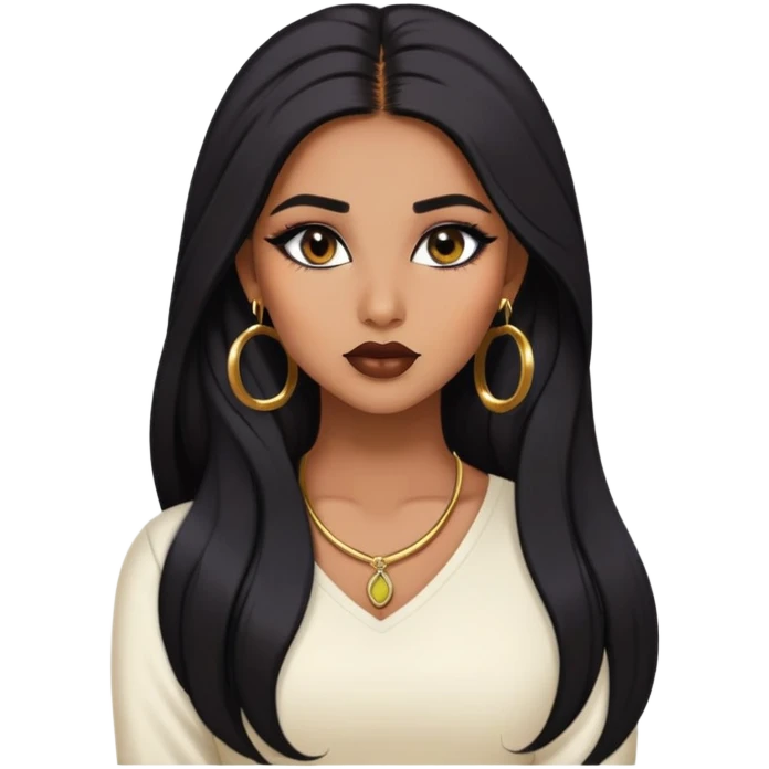 indian girl, brown skin, long black voluminous hair, brown underneath colored hair, baddie,pretty, makeup, lipliner, black eyeliner, gold hoop earrings, white top emoji