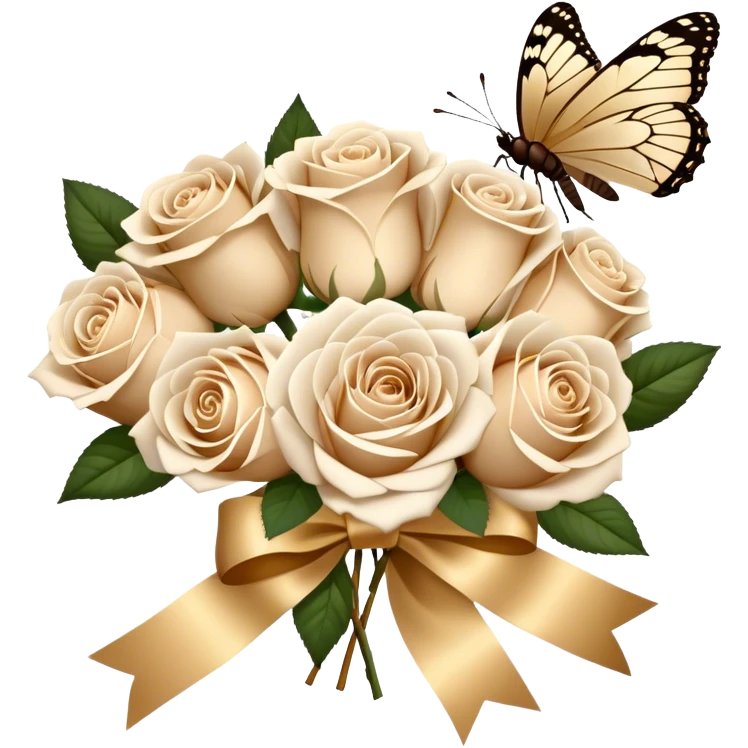 A bouquet of white Ascott tea roses next to a beige aesthetic and a brown beautiful butterfly and a gold silk ribbon emoji