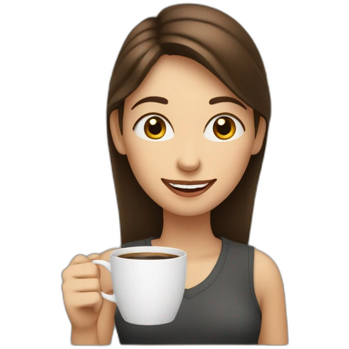 white young brunet woman with face visible nervous smile  and eyes wide open holding a cup of coffee emoji