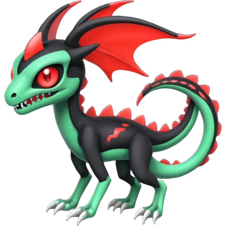 Obsidian-black and neon-glowing-green skeletal Meloetta-Salandit-Gorebyss-Salazzle-Pokémon-Fakémon-creature-fusion-hybrid with glowing crimson-red evil slit eyes emoji