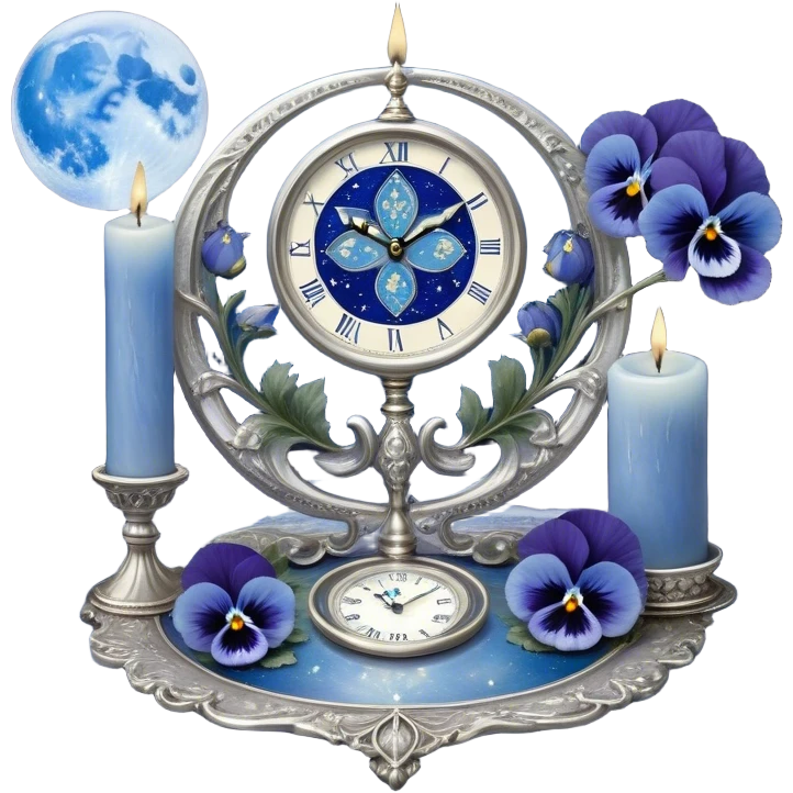 An enchanting, mystical setting where blue pansies, tinged with streaks of light blue, bloom beneath a radiant silver crescent moon. A pearl-colored candle stands on an ornate silver plate, its wax melting into swirling patterns resembling planetary orbits. The background features an astrological clock, its delicate hands tracing cosmic cycles as faint zodiac constellations shimmer against a twilight sky. Floating celestial charts inscribed with ancient symbols weave through the air, illuminated by the soft blue glow of distant stars. A mystical aura surrounds the scene, as if whispering secrets of destiny and the universe’s grand design. emoji