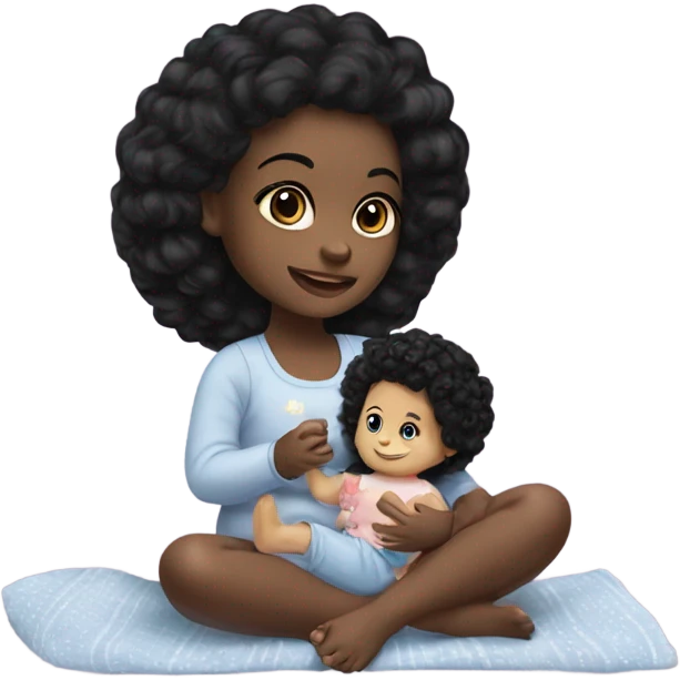 Black girl with black hair playing with baby doll emoji