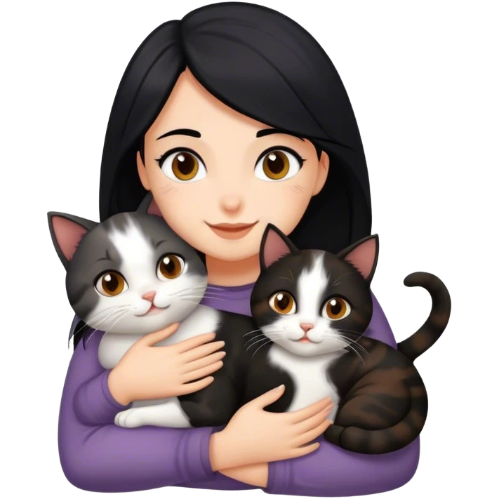 happy girl with black hair hugging three cats  (dark calico cat, gray cat, brown calico cat) emoji