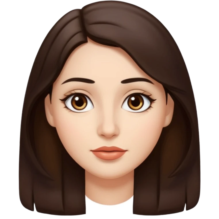 A woman emoji with fair skin, slightly wavy dark brown hair parted in the middle, an oval-shaped face, arched dark eyebrows, almond-shaped brown eyes, a small straight nose, and full lips. emoji