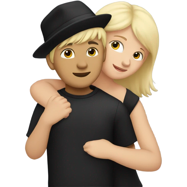 girl with blonde hair hugging boy with black hair and a black hat emoji