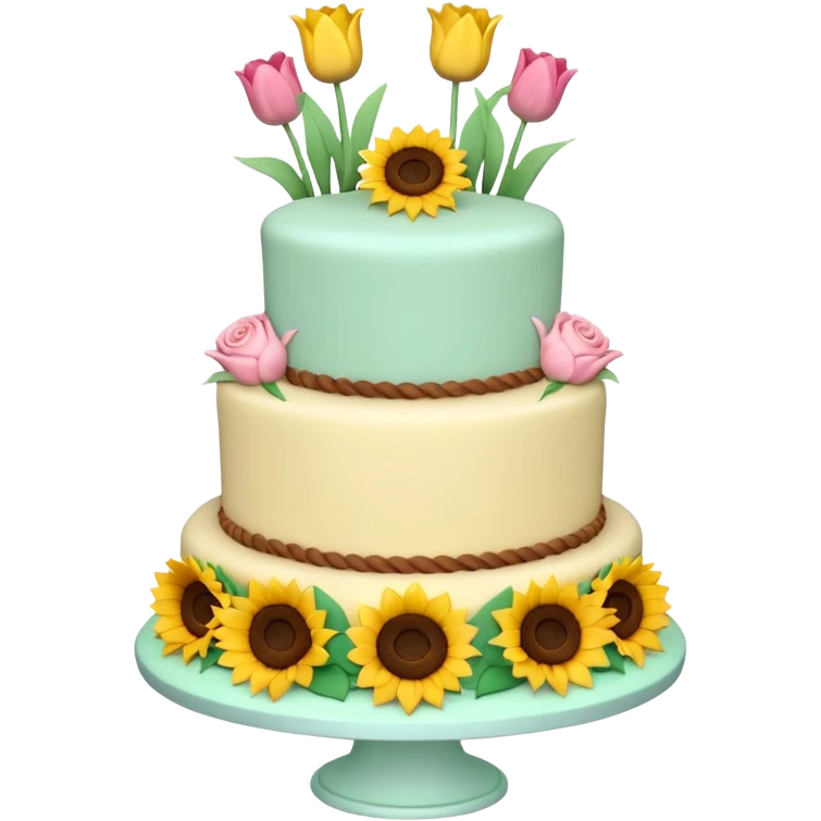 A large three teir cake with top layer decorated with roses, middle with Sunflowers and bottom layerwith Tulips and Happy Birthday Dear written on top. emoji