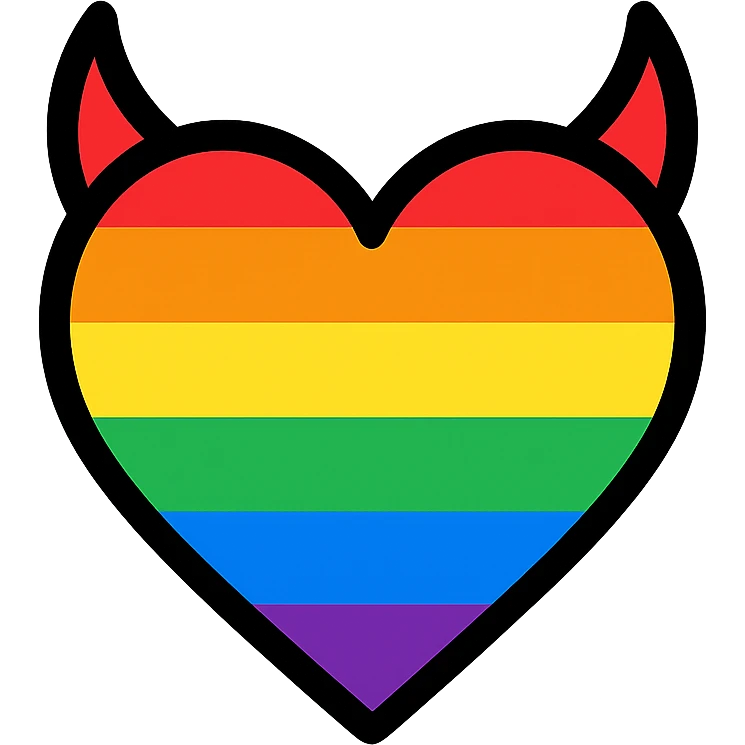 minimalist devil heart icon, thin black outline heart with two horns, filled with a bold rainbow gradient, pride theme emoji