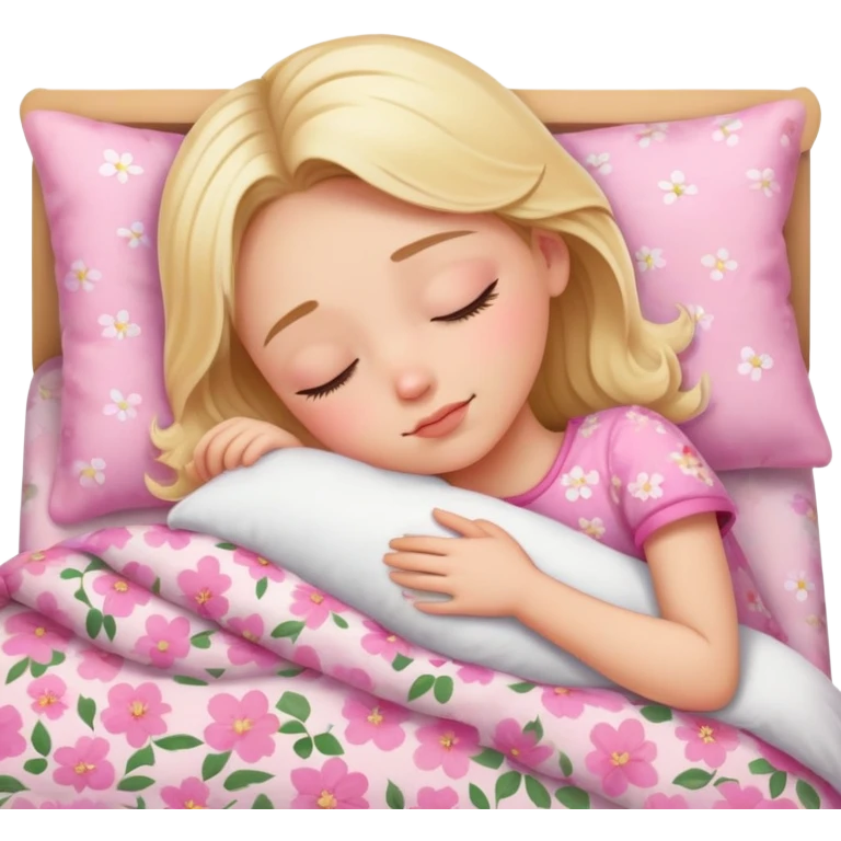 Blonde girl beautiful finish sleeping on her bed with pinky floral design  emoji