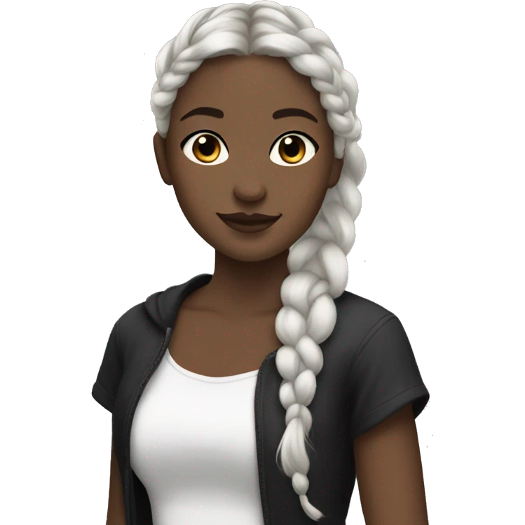 Pale girl with brown hair with silver ends, pulled into a braid, wearing black emoji
