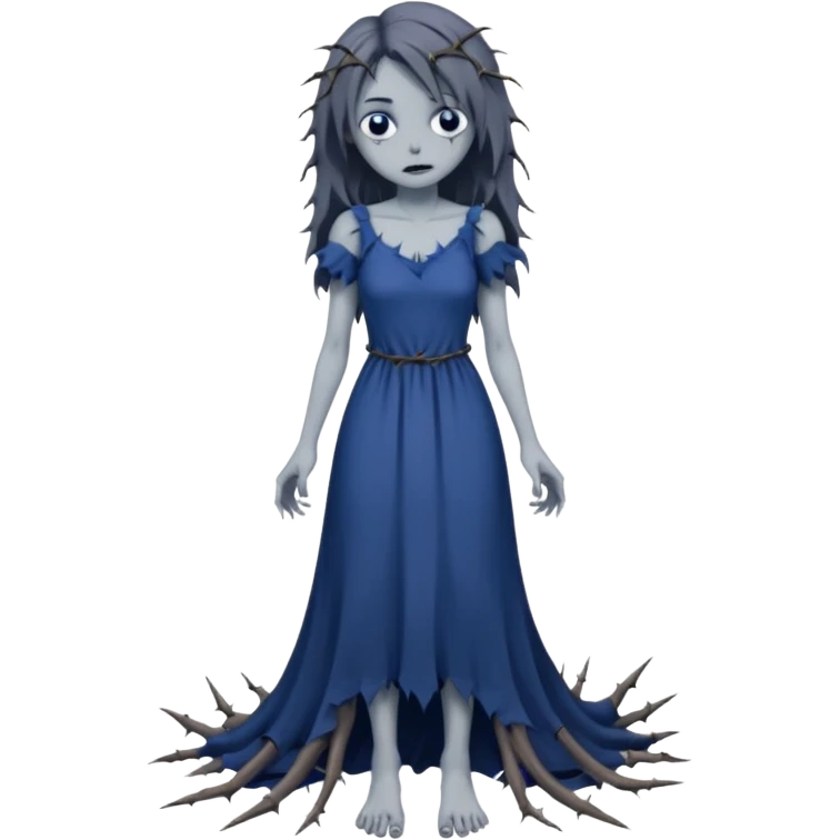 Gloomy petite beautiful pretty sparkly shiny ghostly fair lady with long ragged torn tattered dress, thorns across arms and legs, depressed face, ghoul-like gloomy dark greyish dull-colored deep-blue dark-black swampy monsterous lady woman (full body) emoji