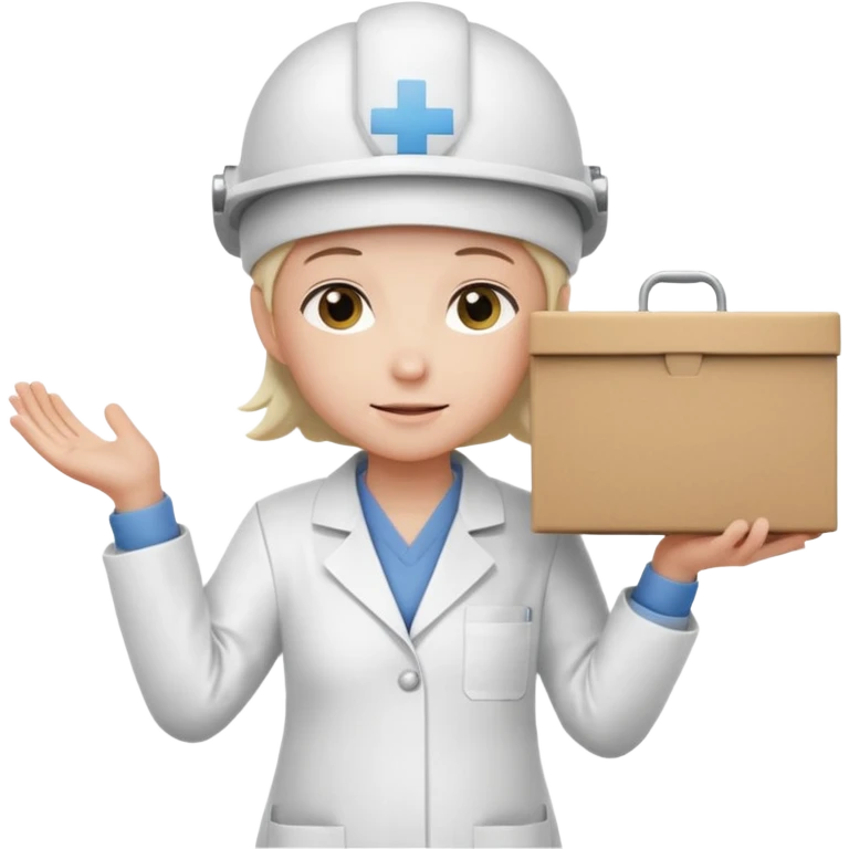Tengo que dar una capacitacion de orgonomia, necesito un emoji de un operario con casco blanco y delantal blanco de manga larga que levante una caja cerrada con las dos manos a la altura de los hombros. Que tenga un delantal de laboratorio no de coina  emoji
