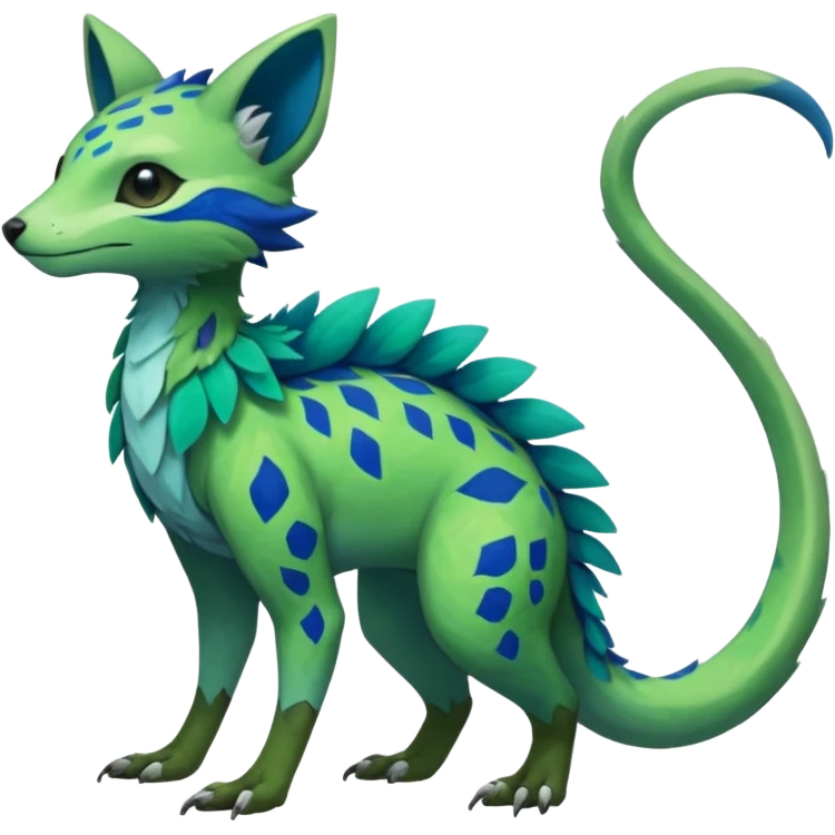  Greenish beautiful handsome gorgeous aesthetic colorful vibrant Vernid-Trico-species-Fakemon-creature by LiLaiRa, 4 legs, 1 tail, random markings, (full body) emoji
