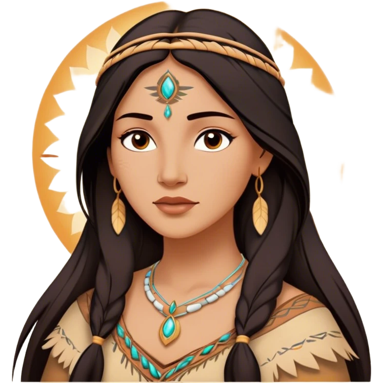 Cinematic Radiant Pocahontas Portrait Emoji, rendered in a vector-style with clean lines. Show Pocahontas with luminous, sun-kissed skin and flowing dark hair adorned with subtle natural ornaments, her expression calm and kind, dressed in simple traditional attire with earthy tones. The image glows softly with a warm, inviting radiance, enhanced by a soft glowing outline. emoji