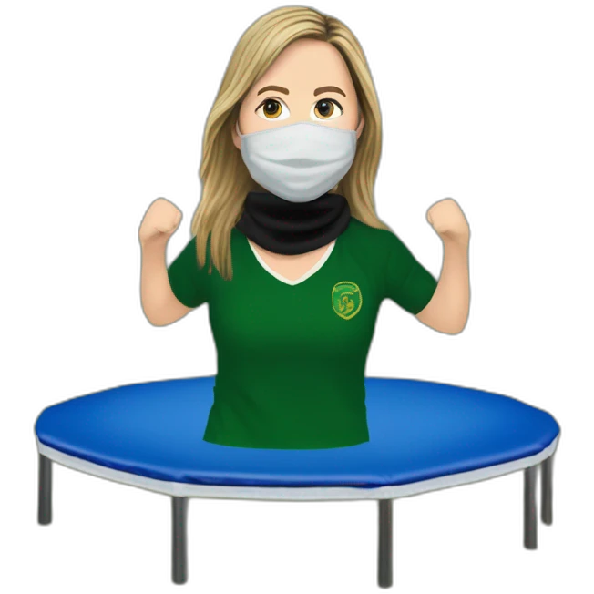 Victoria Coren-Mitchell on a trampoline with the Real IRA Gerry Adams balaclava party emoji