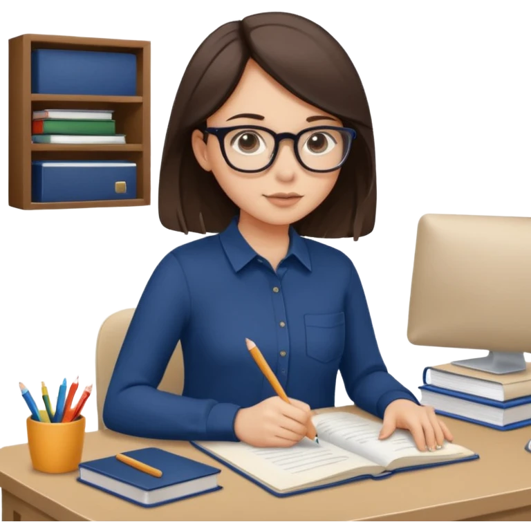 Beautiful brunette girl wearing long sleeve dark blue shirt with beige pants wearing glasses and doing homework on beige desk emoji