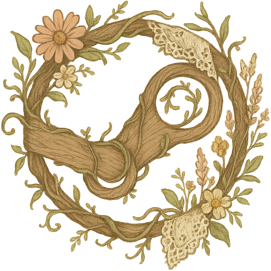 Whimsical cottagecore Steam logo: logo made of twining vines and wood, with lace and wildflowers woven in, soft earthy colors, no text emoji