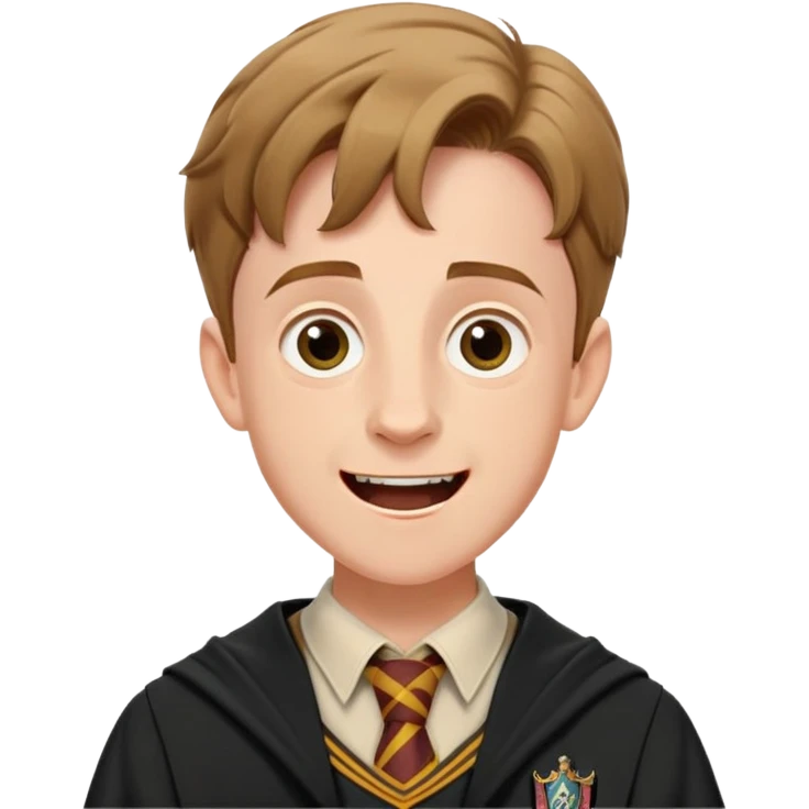 Hugh Mitchell is Colin Creevey in harry potter, wear hogwarts uniform,  Short light brown hair, small and skinny, wide mouth, with a perpetual look of excitement on his face. emoji