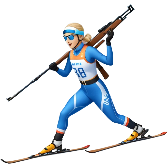 An icon showing a biathlete skiing on a snow-covered Olympic track with a rifle on their back. Cheering fans fill the stands. Majestic mountains, snowy trees, and a bright blue sky complete the scenic winter landscape. Transparent background captures the spirit of biathlon. emoji
