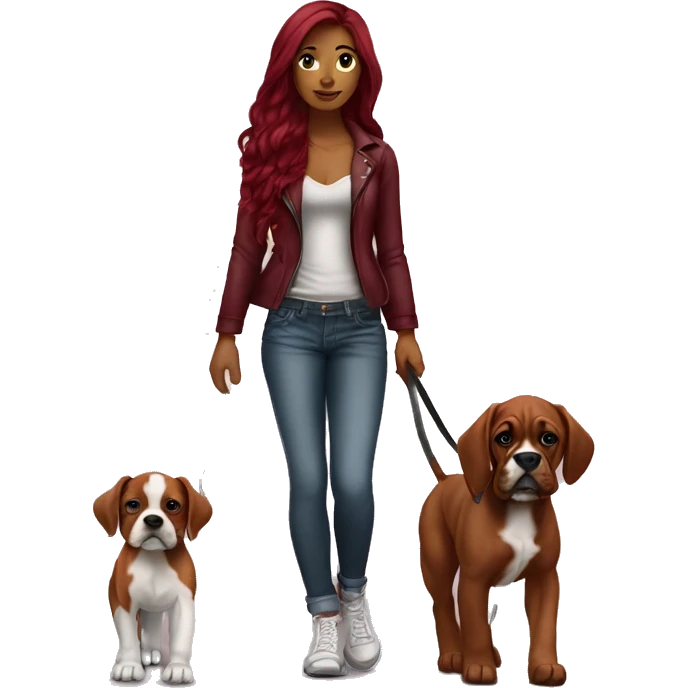 Beautiful tattooed  burgundy long haired woman walking a boxer puppy emoji