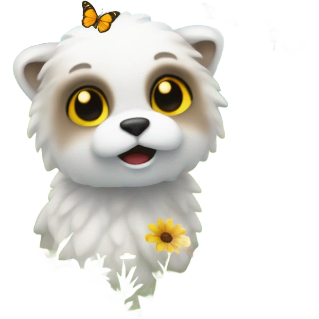 Design an emoji of a vibrant meadow filled with colorful wildflowers, rolling green hills, and a bright blue sky with fluffy white clouds. Add a few butterflies or bees to give it a lively, cheerful aesthetic emoji