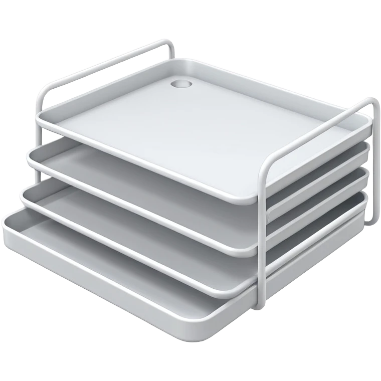 A minimal, clean emoji-style illustration of a white metal desk paper organizer tray, shown in slight isometric view so its structure is readable at a small scale. The organizer is rectangular with rounded corners, made of thin white metal wires, forming two to three stacked horizontal slots.
 emoji
