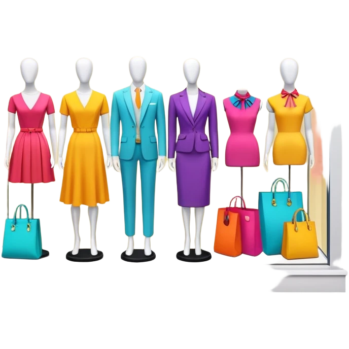 Storefront shop window with products displayed, mannequins, and clothing items emoji